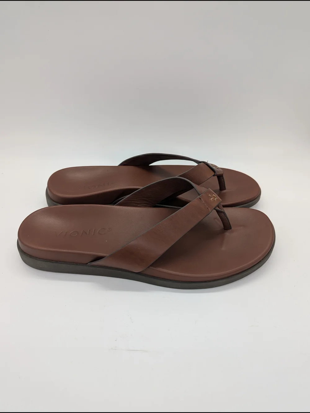 Vionic Elijah Men Brown Leather Supportive Flip Flop Sandals 10 Orthotic Comfort